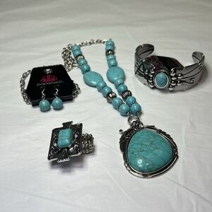 Paparazzi Jewelry Set Necklace Earrings 2 Bracelet Silver Blue Turquoise NWT